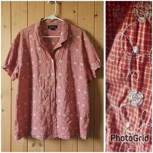 Denim & Co Embroidered Gingham Button Up Top Red White 1X